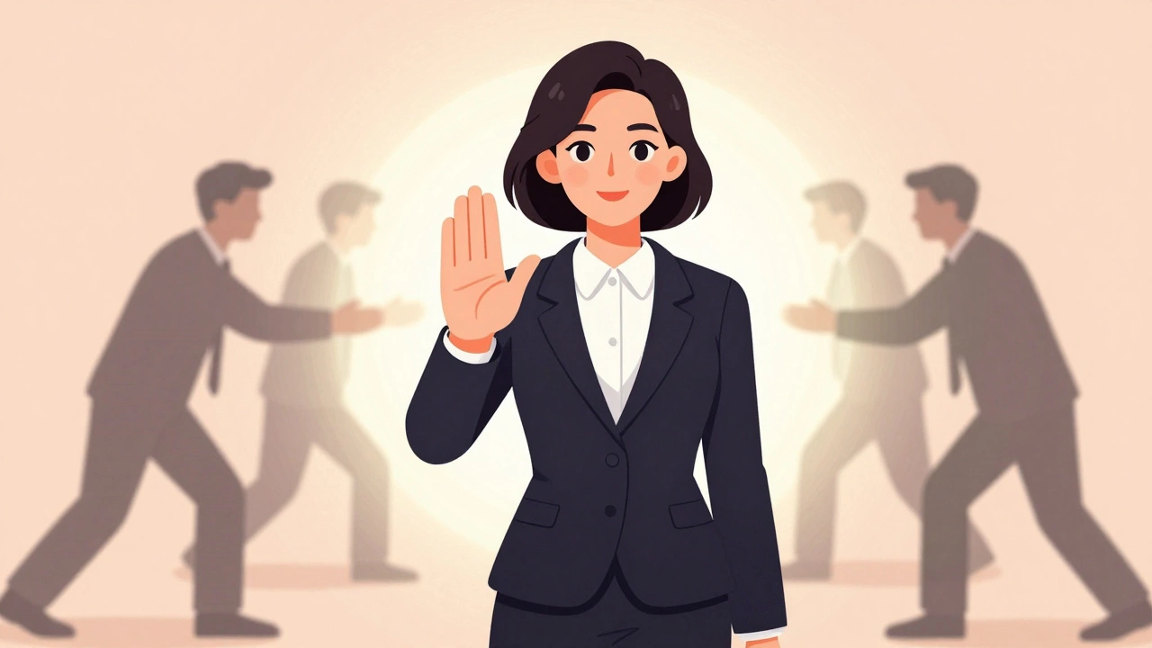 Vintage cartoon of a woman setting boundaries against industry shadows.