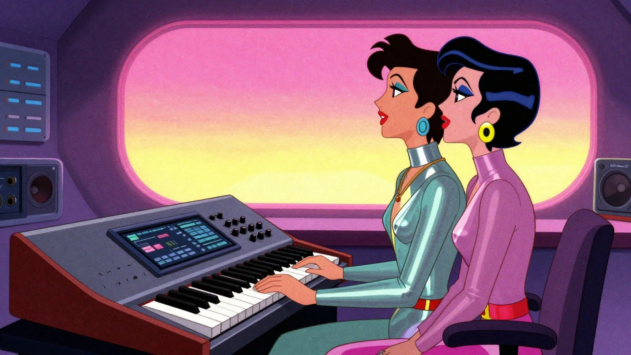 Vintage cartoon of an androgynous duo in a futuristic studio with neon lighting