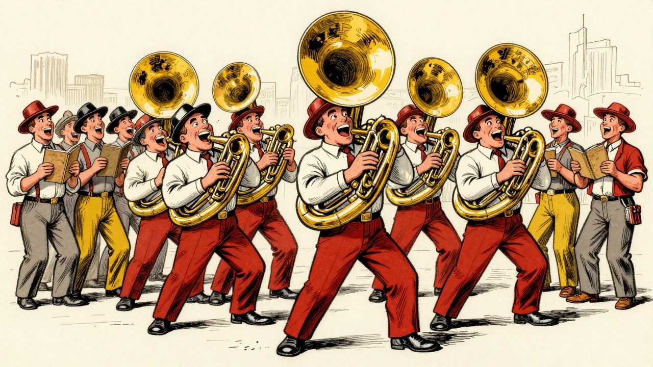 Vintage cartoon of an IWW brass band and workers singing from songbooks in a square.