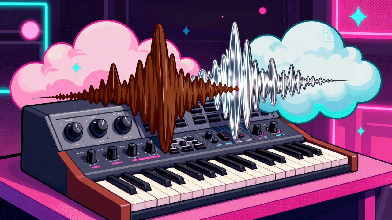 Vintage cartoon of analog and digital synthesizers layered together creating a colorful sound cloud.