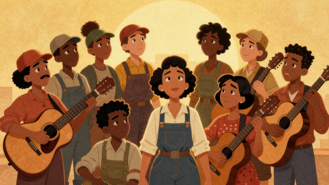 Vintage cartoon of diverse workers and folk musicians standing in a circle of solidarity.