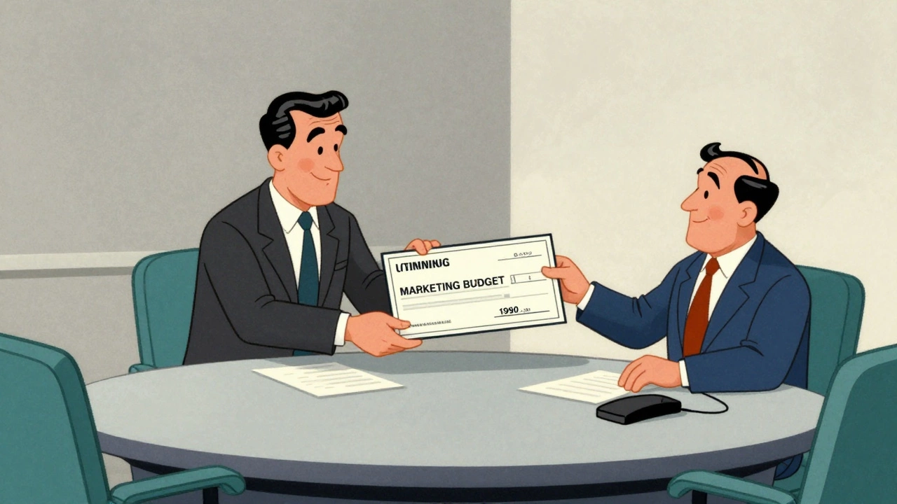 Vintage cartoon of executives exchanging a large marketing budget check in a boardroom.