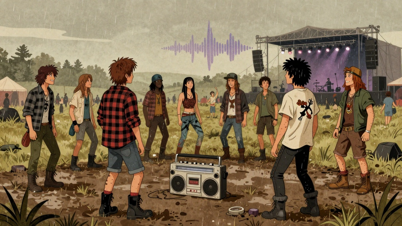 Vintage cartoon of grunge fans gathered around a boombox in a muddy festival field.