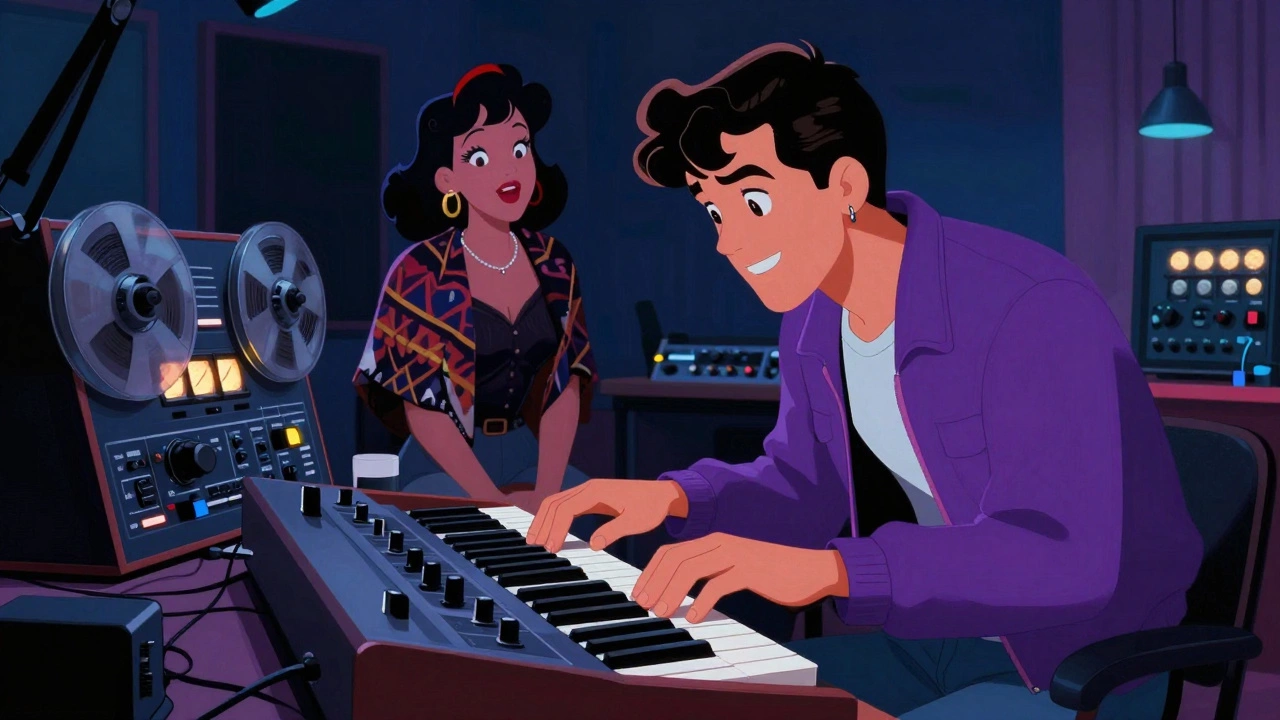 Vintage cartoon of Prince playing a synthesizer in a neon-lit 1980s recording studio.