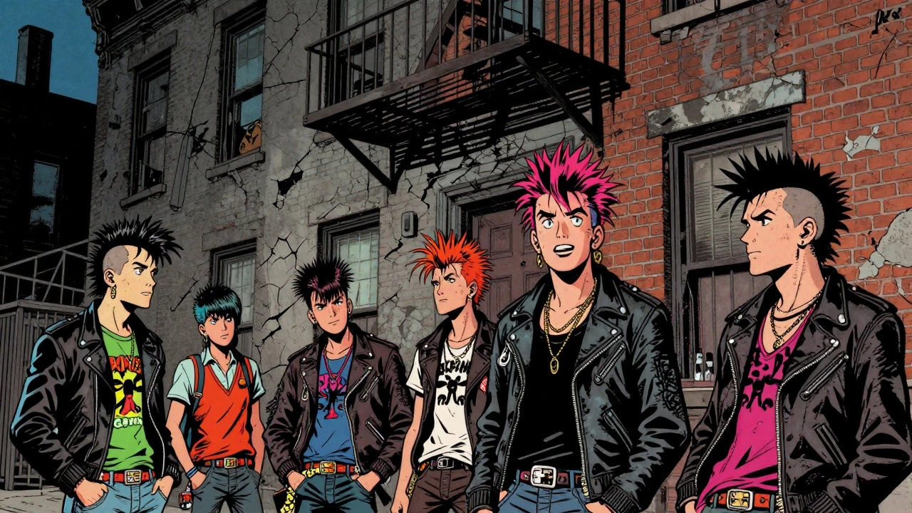 Vintage cartoon of punk youth in front of a gritty Lower East Side tenement building.