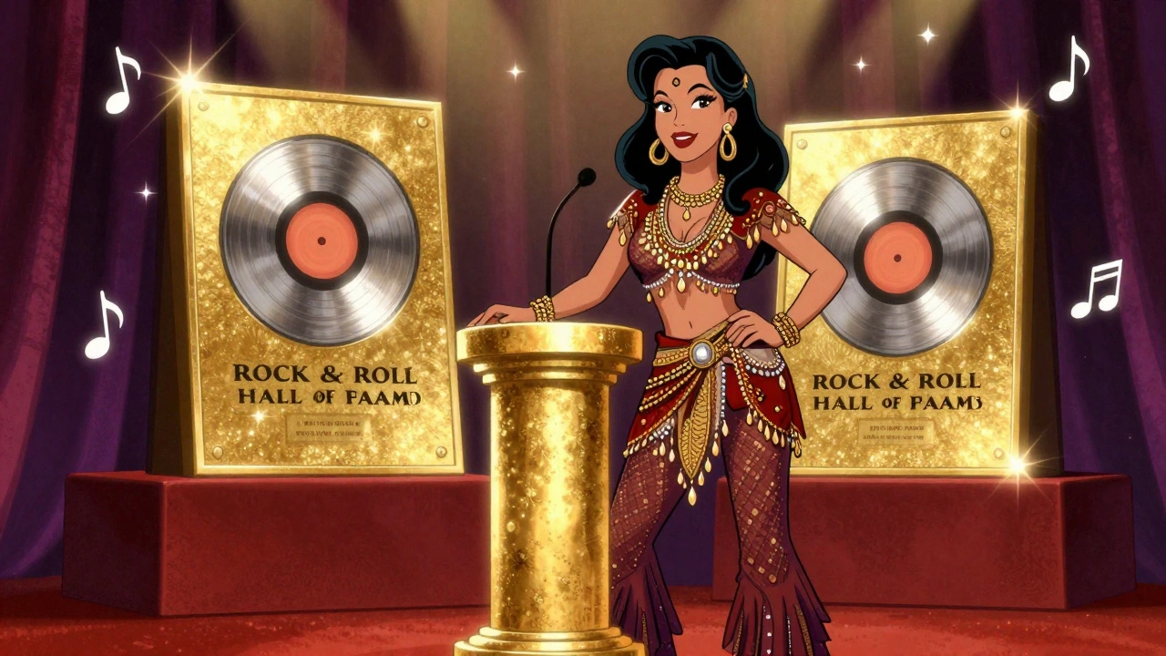 Vintage cartoon of Stevie Nicks standing proudly next to gold Rock and Roll Hall of Fame awards.