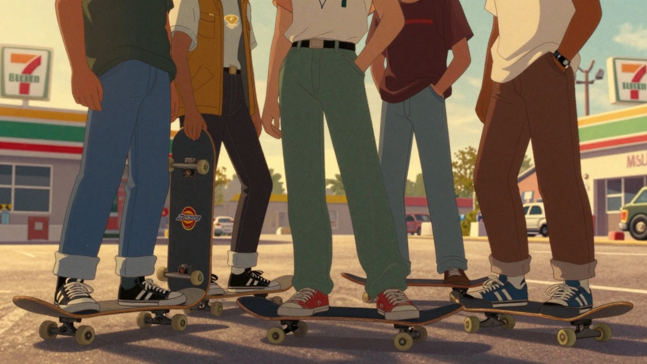 Vintage cartoon of teenagers with skateboards hanging out in a parking lot
