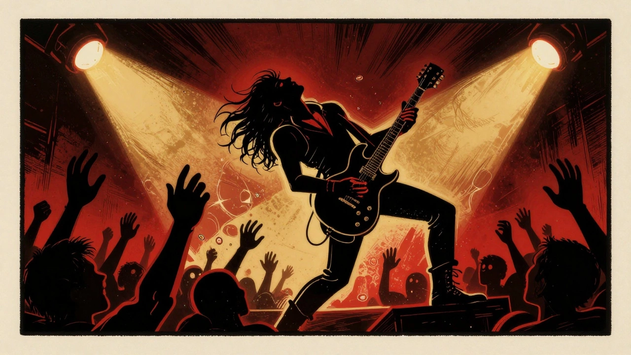 Vintage cartoon rock guitarist performing on stage with dramatic spotlights