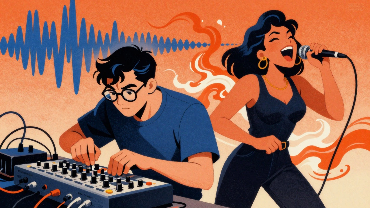 Vintage cartoon showing a focused producer and a soulful singer with contrasting sound waves
