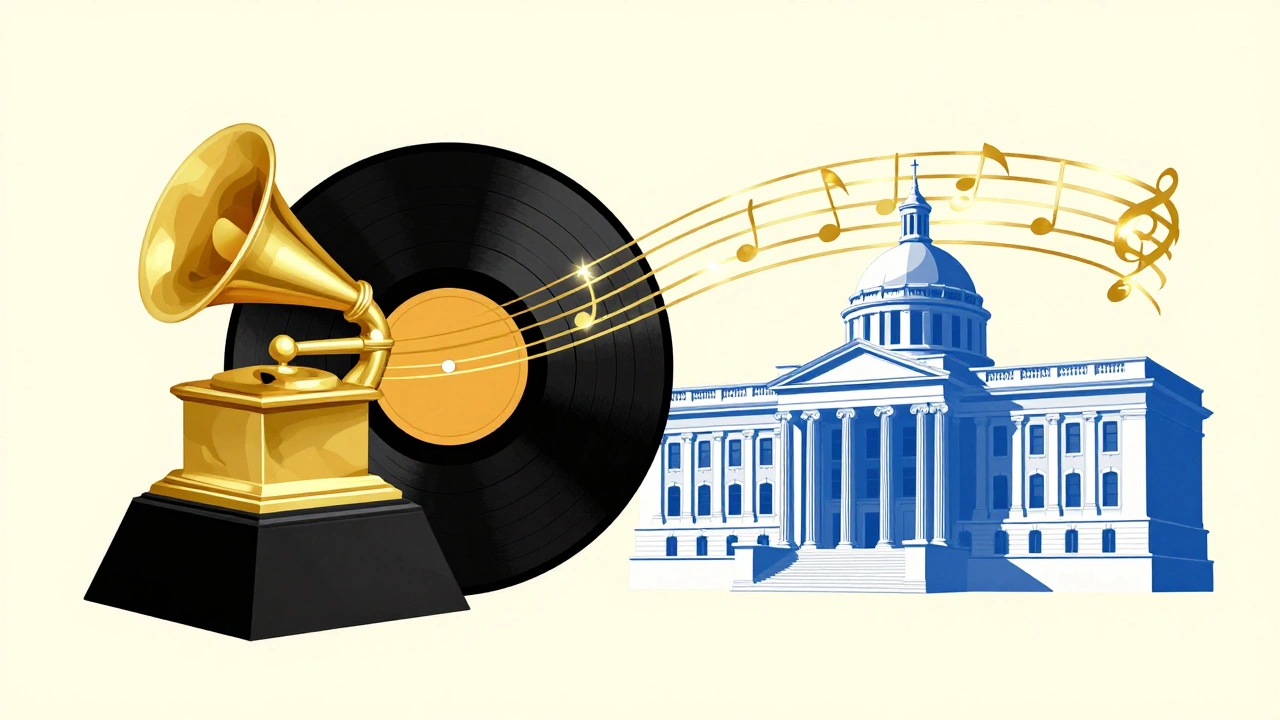 Vintage cartoon showing a Grammy award and the Library of Congress connected by musical notes.
