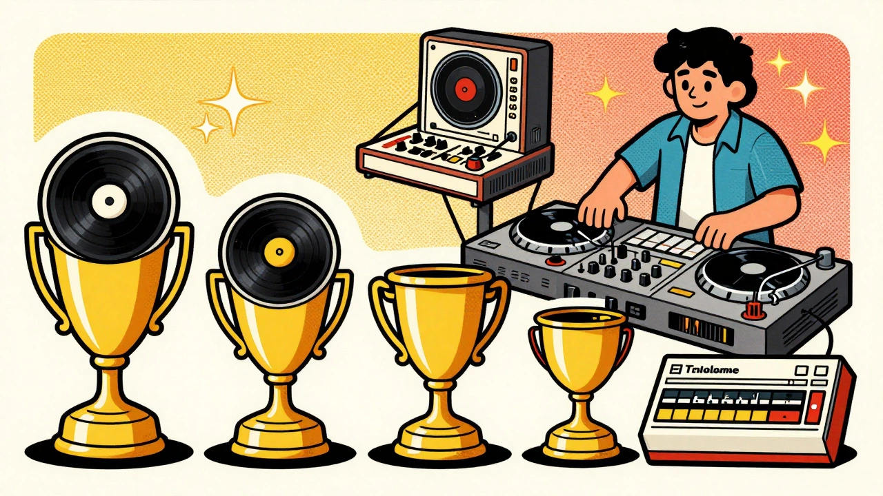 Vintage cartoon showing a lineup of classic drum machines from the 70s and 80s.