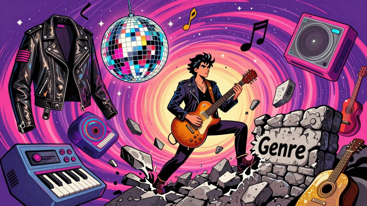 Vintage cartoon showing a musician breaking a wall of musical genres with a swirl of rock and pop elements.