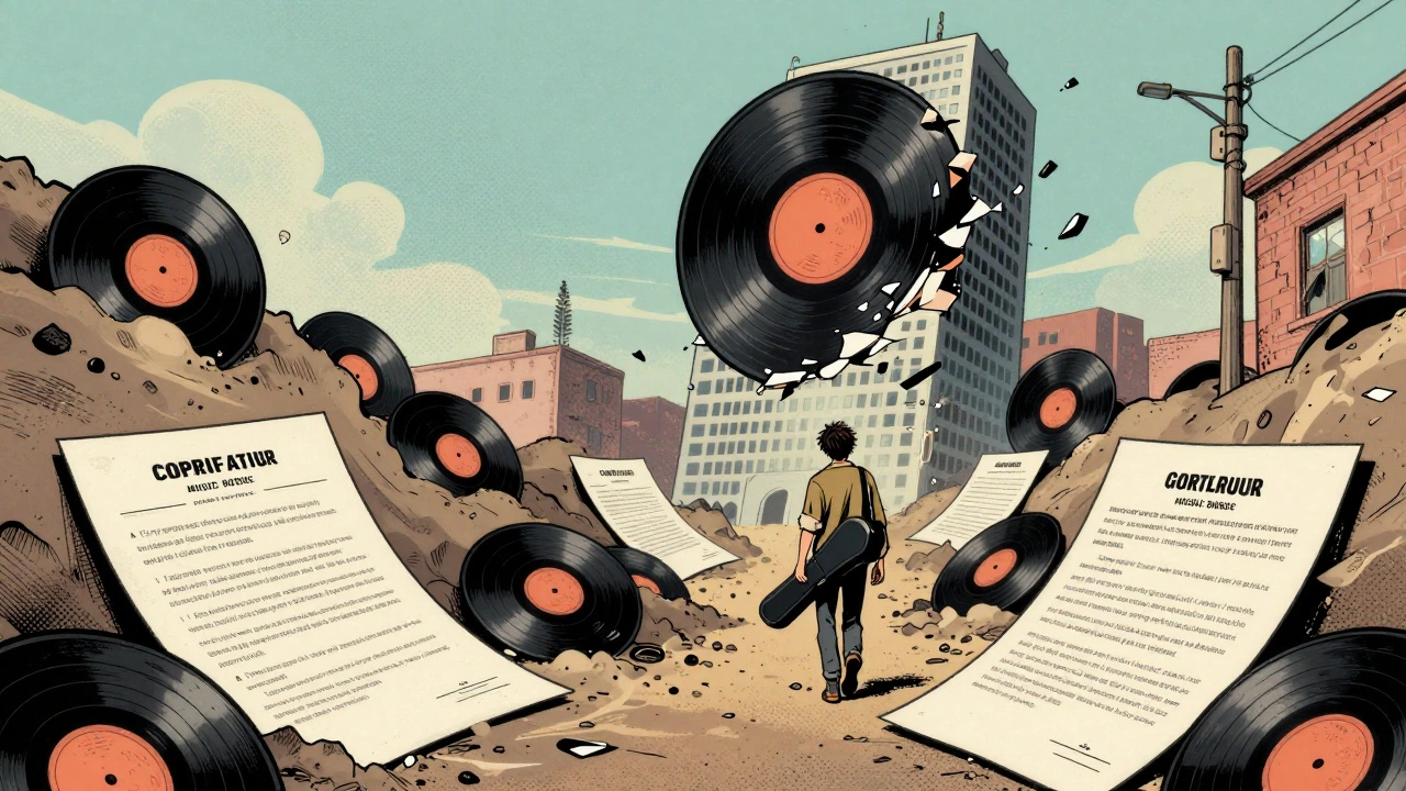 Vintage cartoon showing a musician walking away from a collapsing corporate record label.