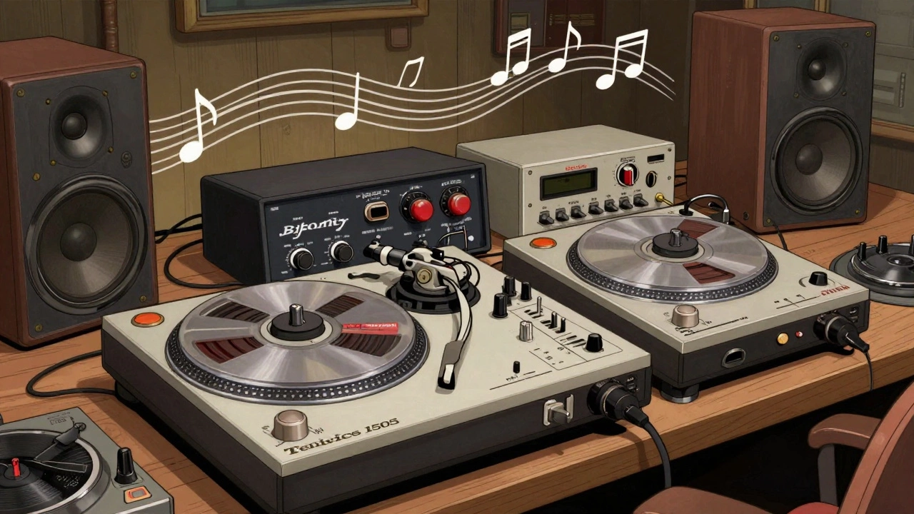 Vintage cartoon showing a reel-to-reel tape machine and various 70s audio gear