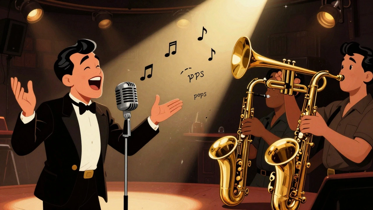 Vintage cartoon showing a singer and a brass section engaged in musical call and response.