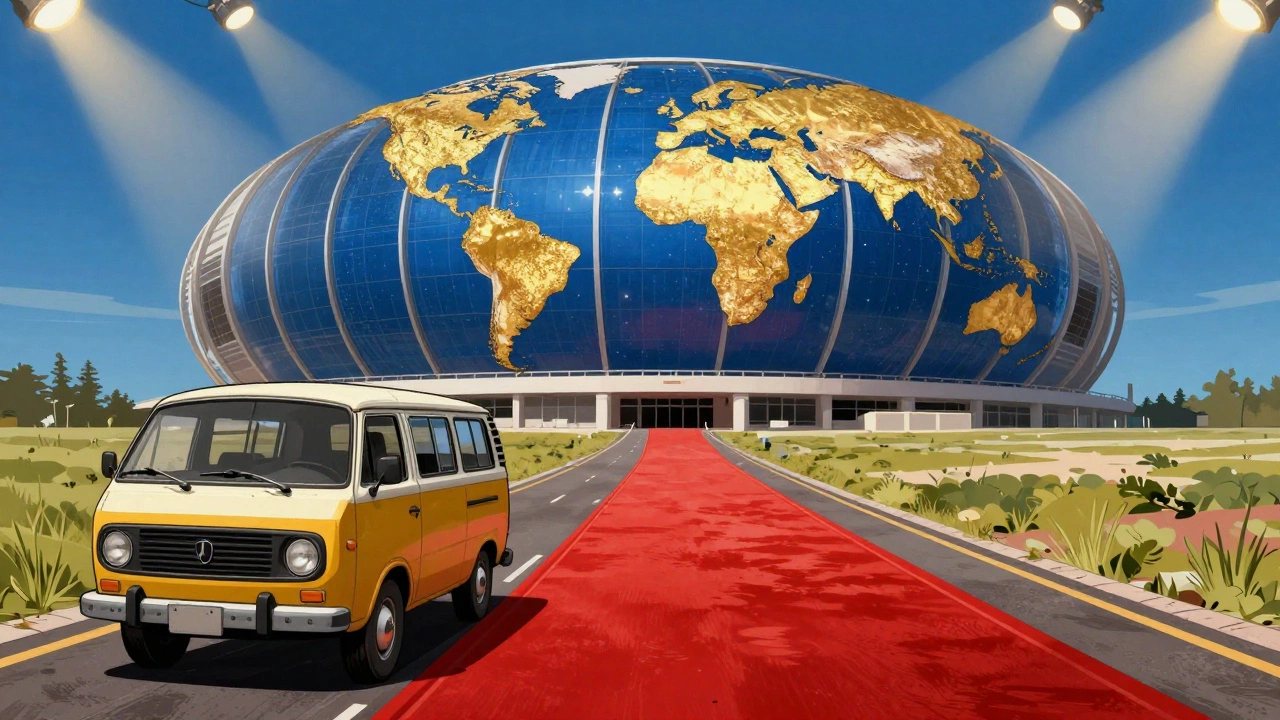 Vintage cartoon showing a tour van transitioning to a global stage