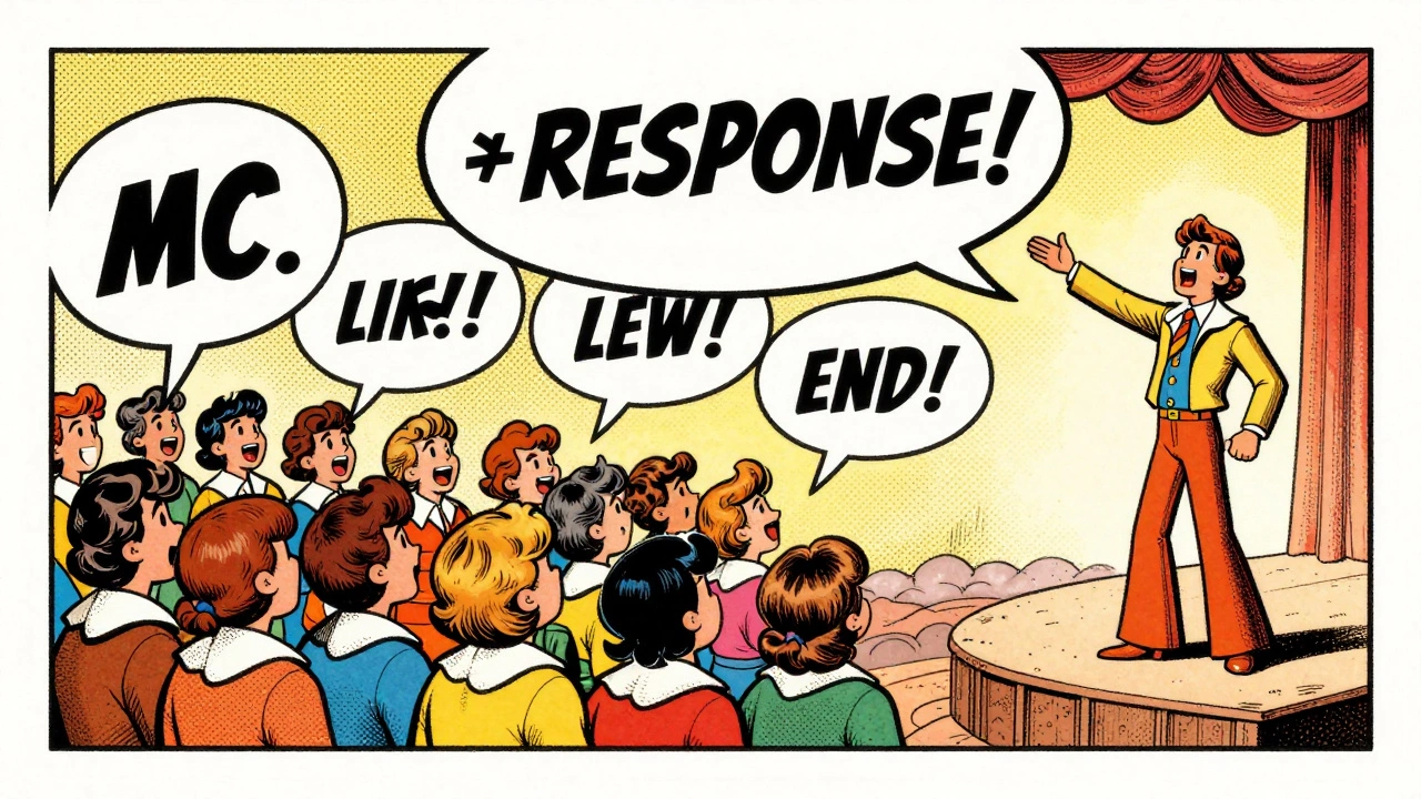 Vintage cartoon showing an MC interacting with a crowd through call-and-response