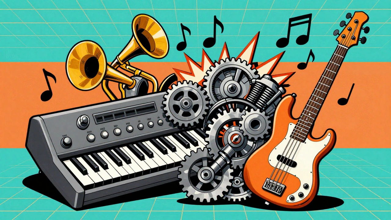 Vintage cartoon showing musical instruments as mechanical gears producing chunky rhythms.