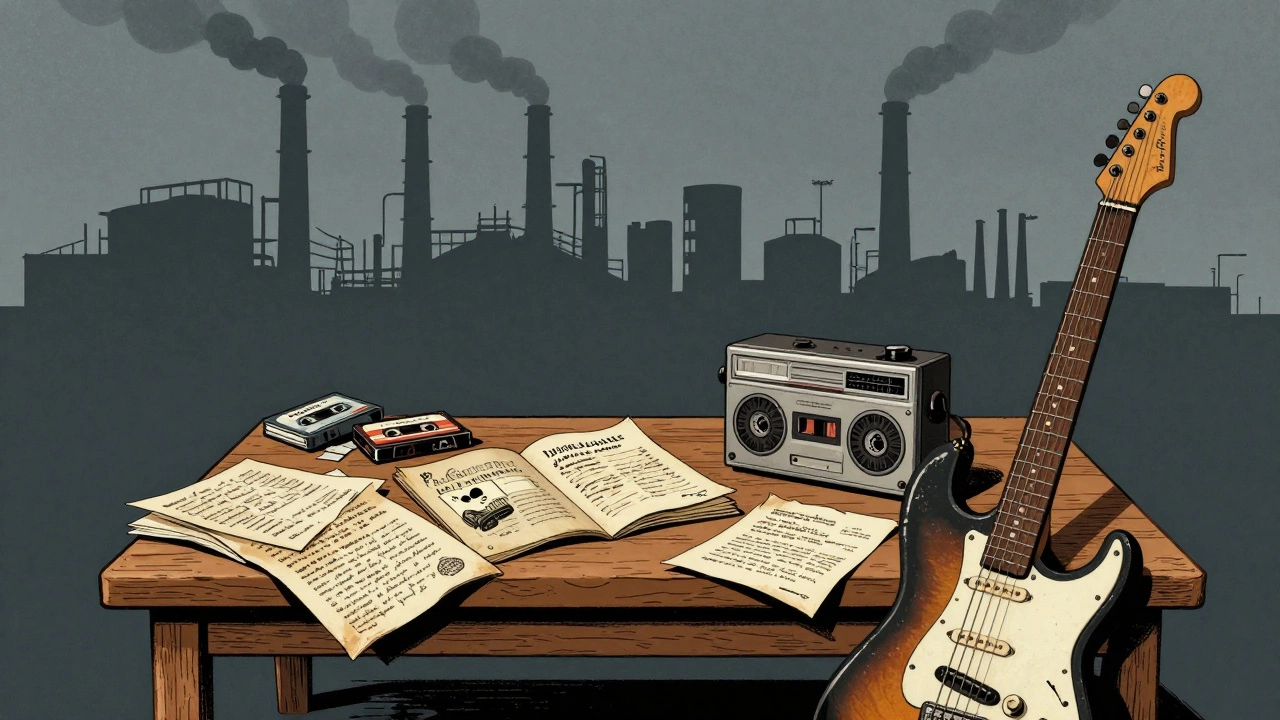 Vintage cartoon showing punk zines and cassette tapes against an industrial factory backdrop.