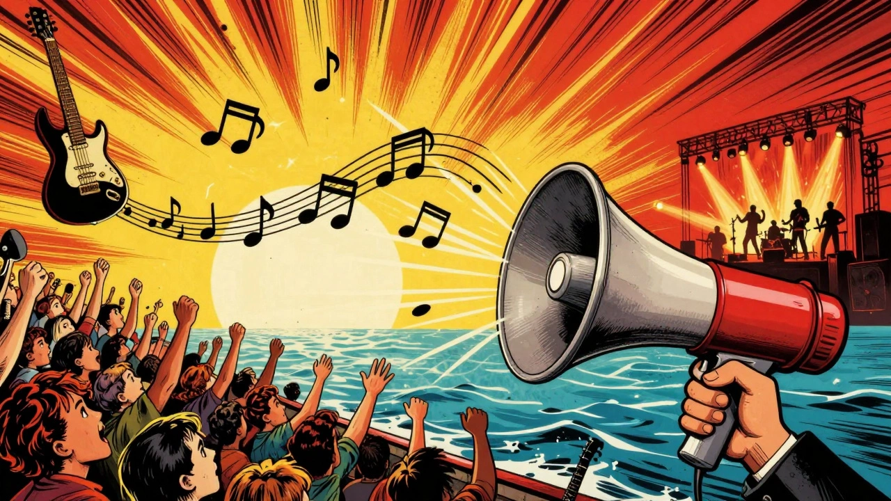 Vintage cartoon showing sound waves traveling from London to a cheering crowd.