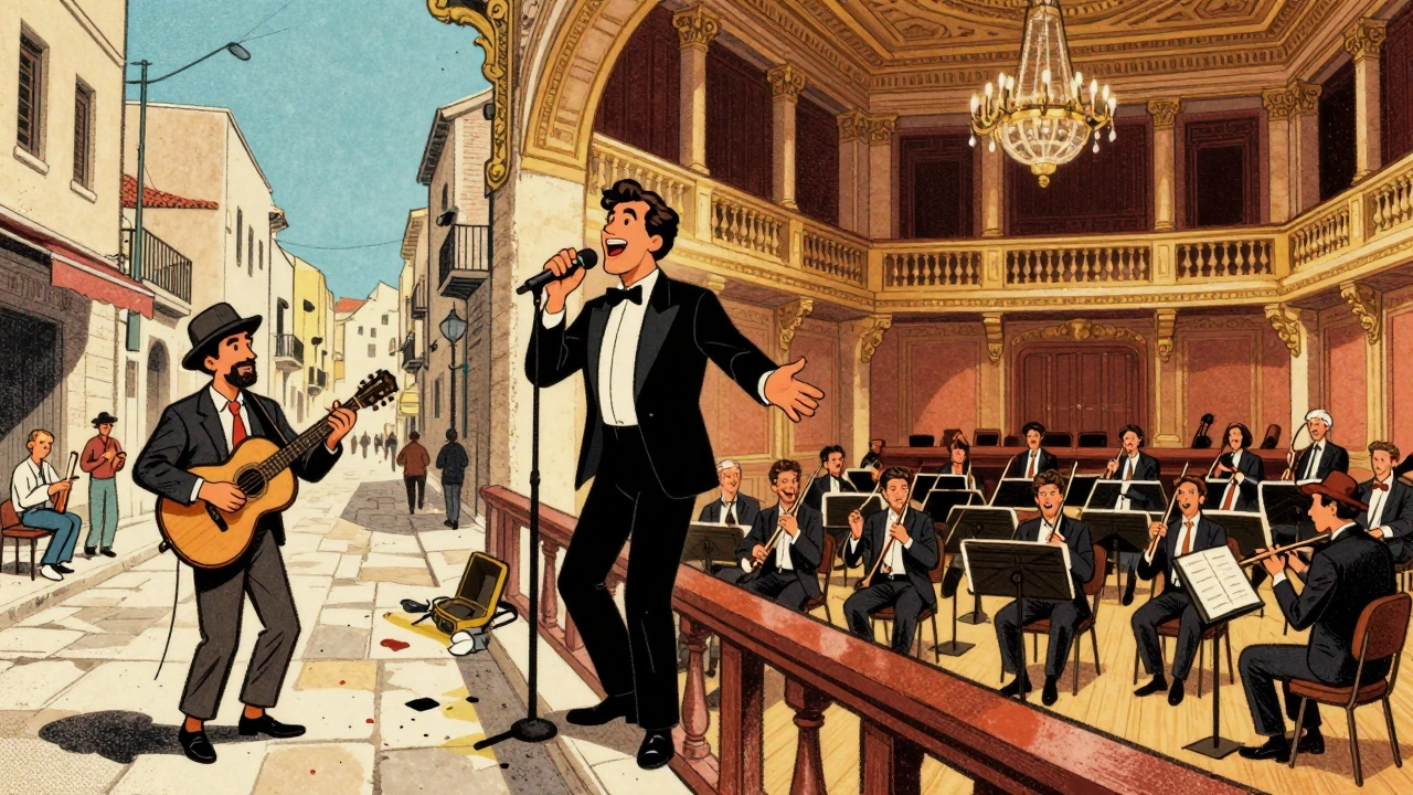 Vintage cartoon showing the transition from street Rebetiko music to a grand orchestral concert hall