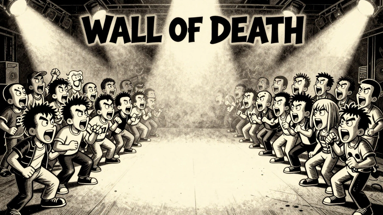 Vintage cartoon showing two groups of people facing each other in a Wall of Death mosh pit.