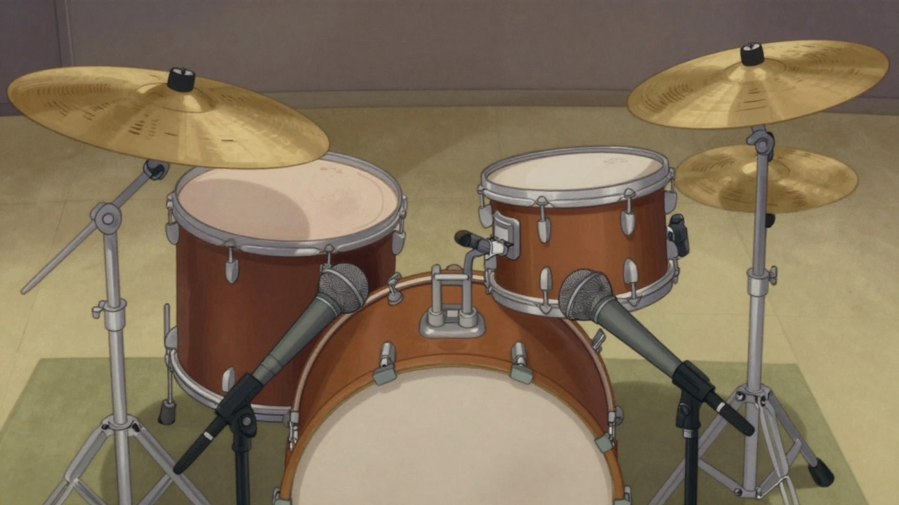 Vintage cartoon view of low overhead microphones positioned over a drum kit