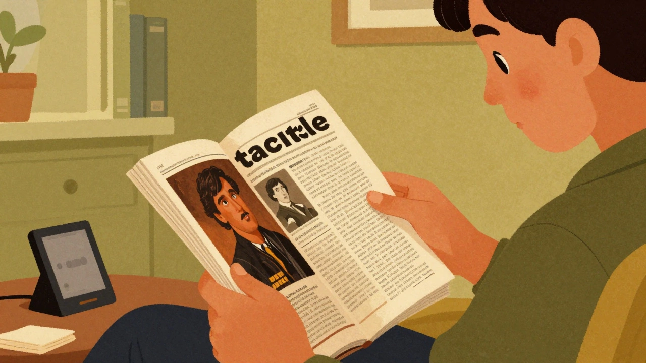 Vintage illustration of a person comfortably reading a physical magazine in a cozy room.