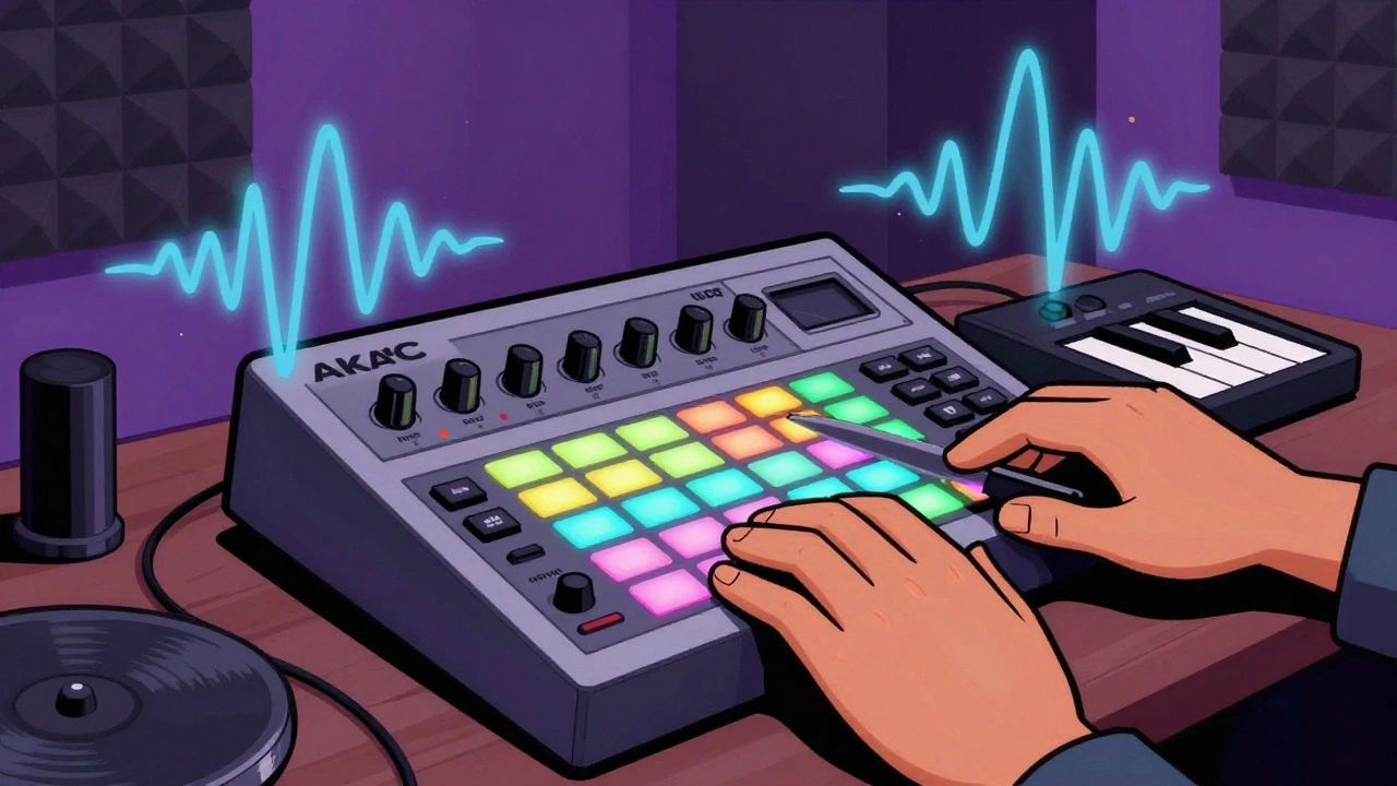 Vintage illustration of a producer using an Akai MPC sampler