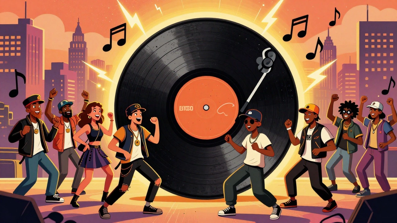 Vintage illustration of a split rock and rap vinyl record surrounded by dancing fans from both genres.