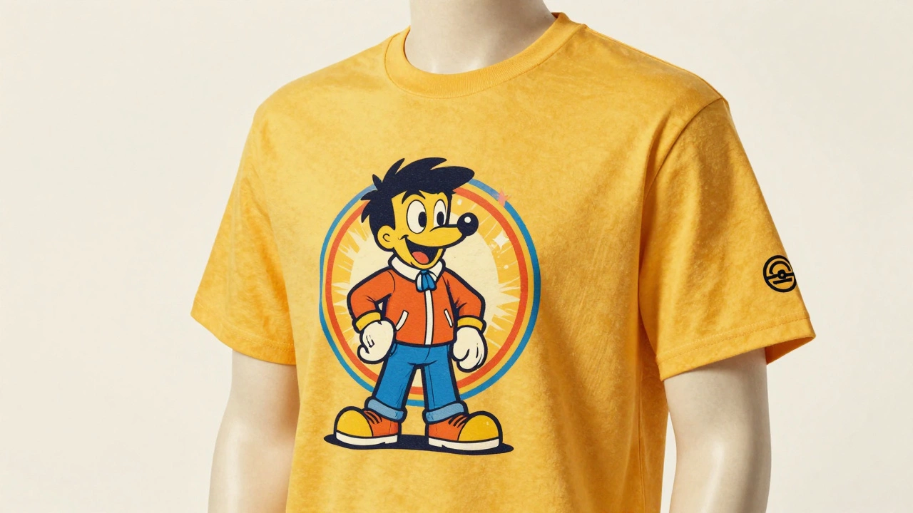 Vintage illustration of a t-shirt showing a balanced logo placement on the sleeve