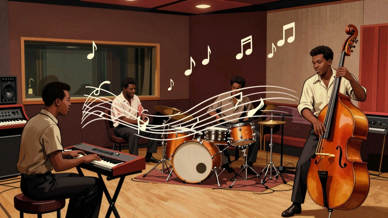 Vintage illustration of an integrated house band playing funky soul music in a Memphis studio.