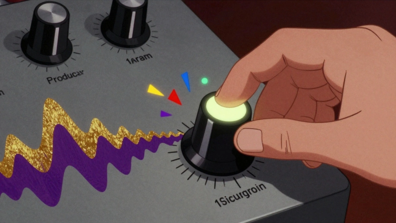Vintage style artwork of a producer adjusting a saturation knob to add harmonic warmth