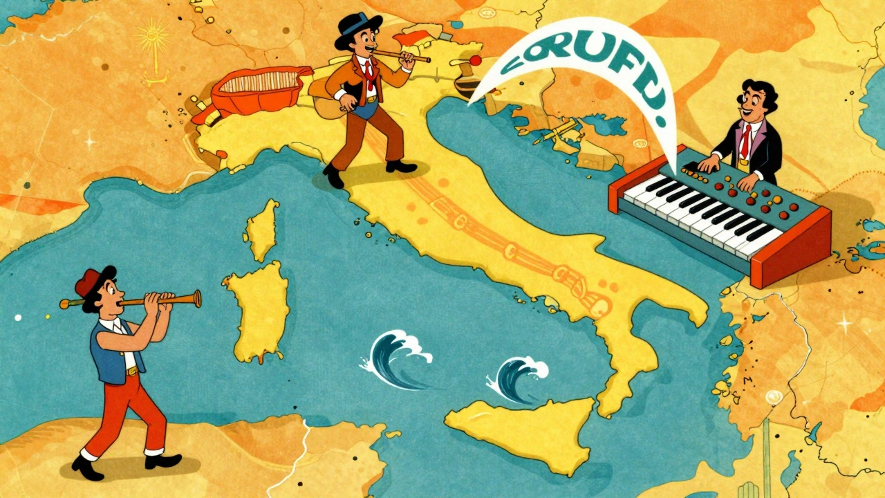 Whimsical vintage illustration of musicians playing synthesizers across an Italian landscape.