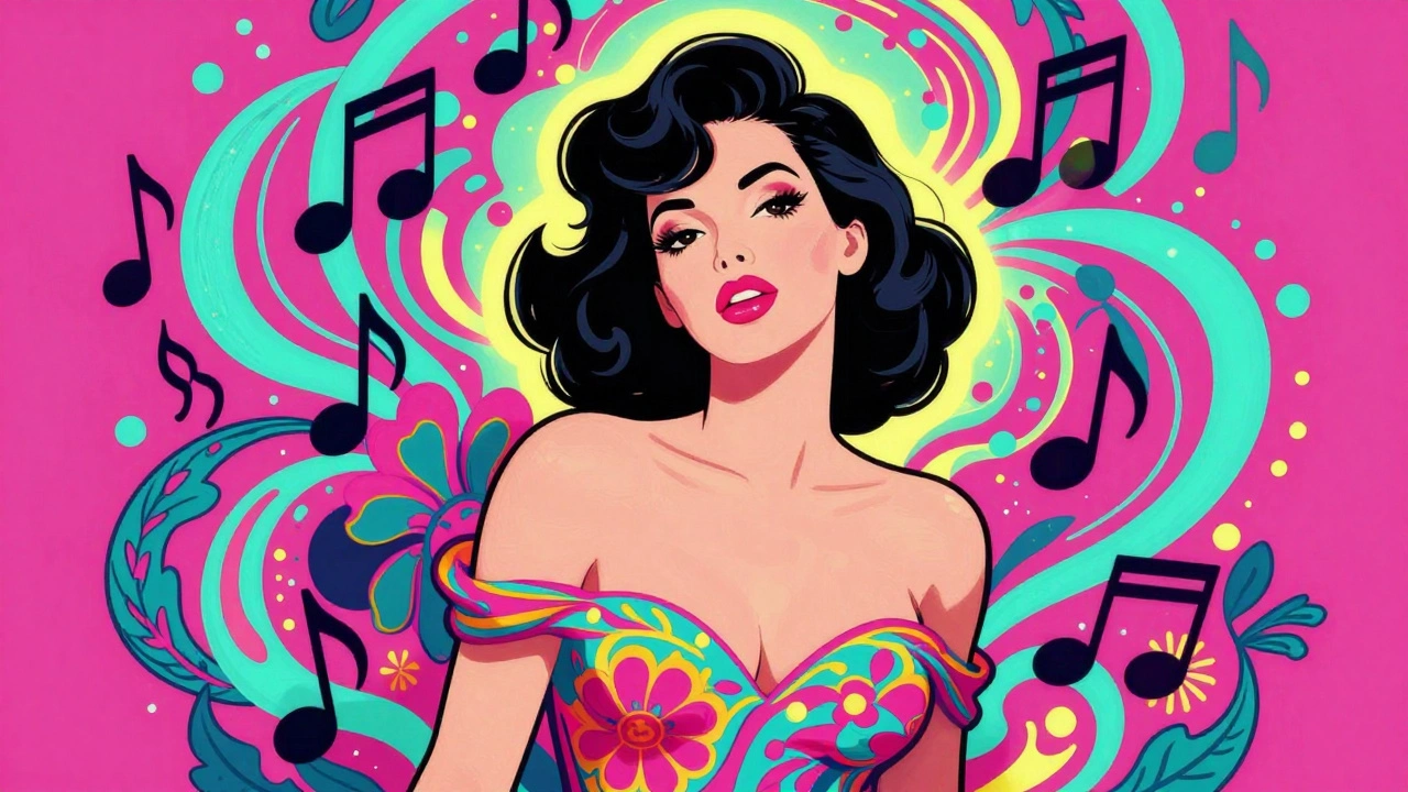 Woman surrounded by colorful musical notes and flowers in vintage cartoon style.