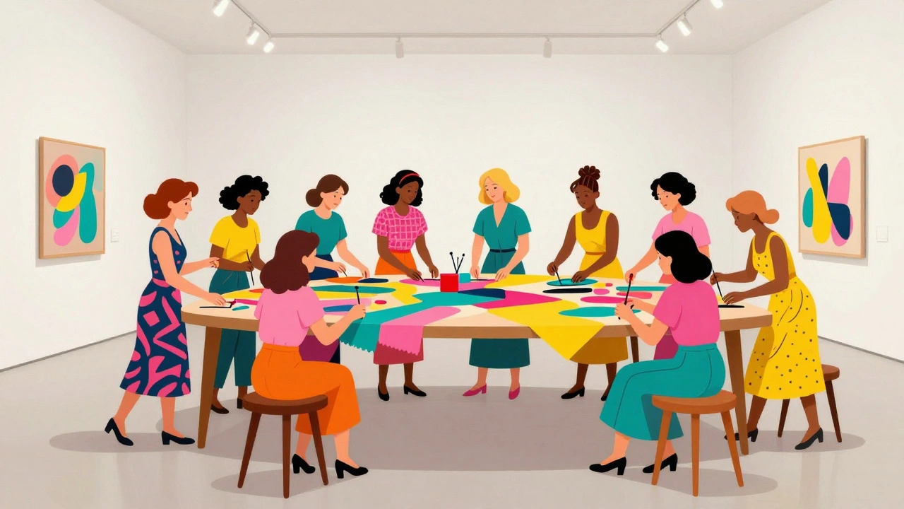 Women artists building a colorful, unconventional table in a gallery in vintage cartoon style.