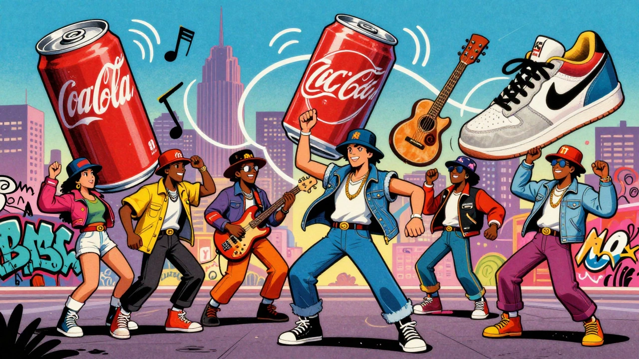 80s characters dancing around giant brand logos and musical instruments.
