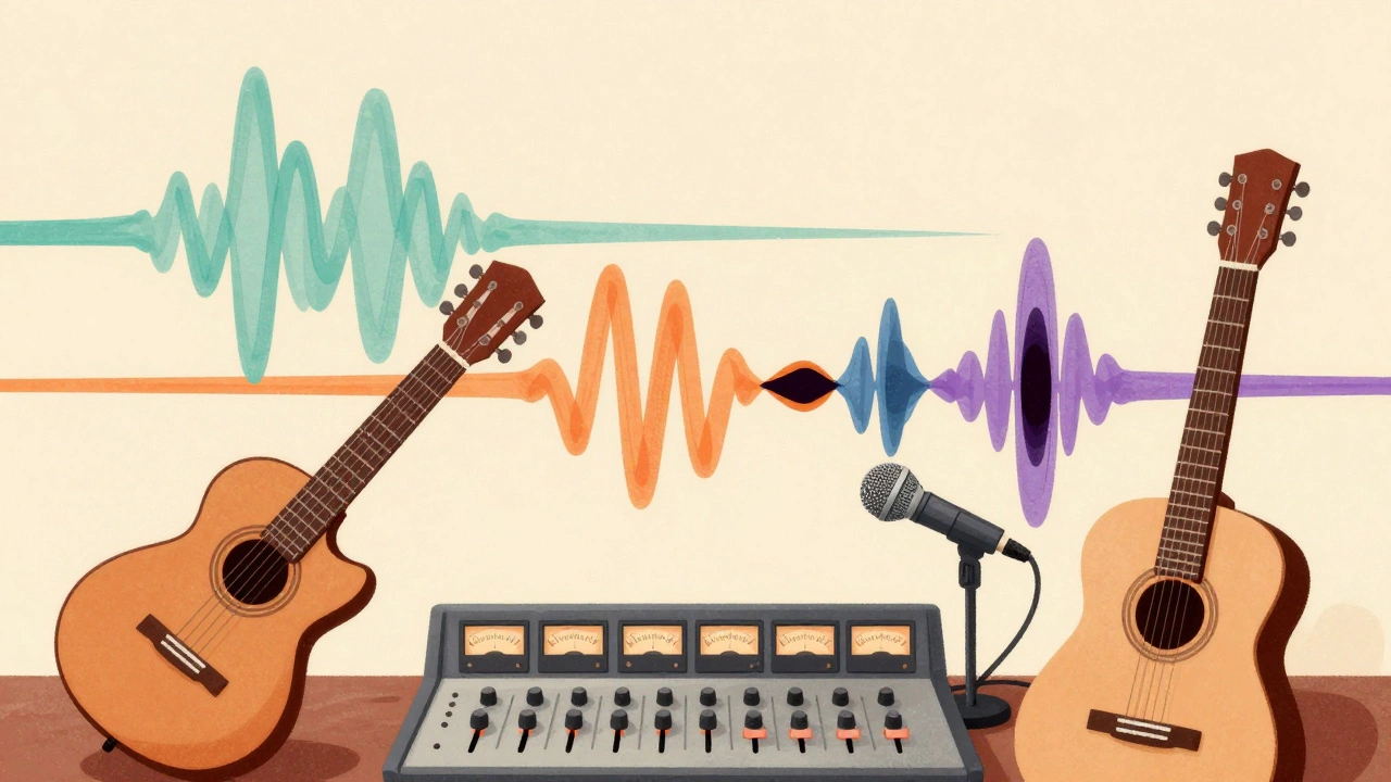Abstract cartoon visualization of sound waves, phase coherence, and audio mixing equipment.
