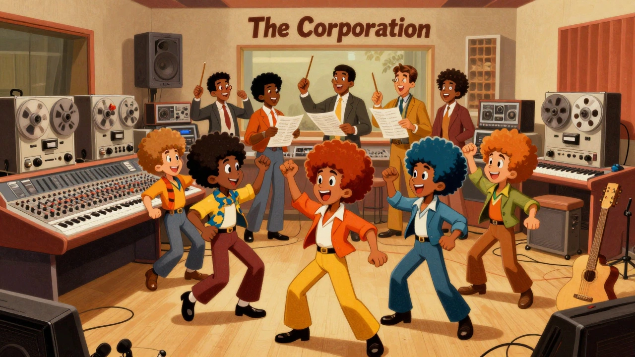 Animated musicians and producers collaborate in a 1970s recording studio.
