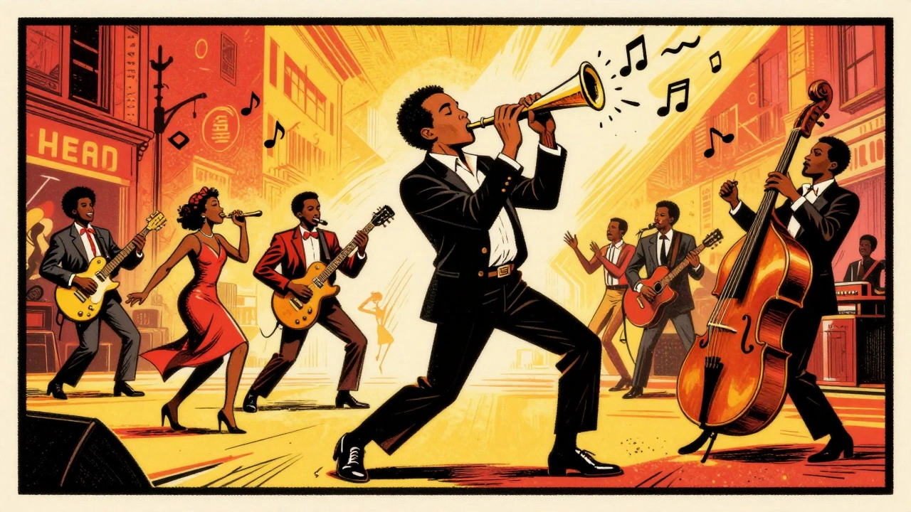 Band performing Head Hunters with energetic vintage cartoon style