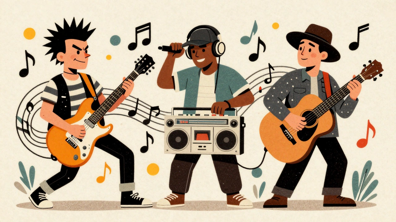 Cartoon collage of punk, hip-hop, and folk musicians united by working-class themes.