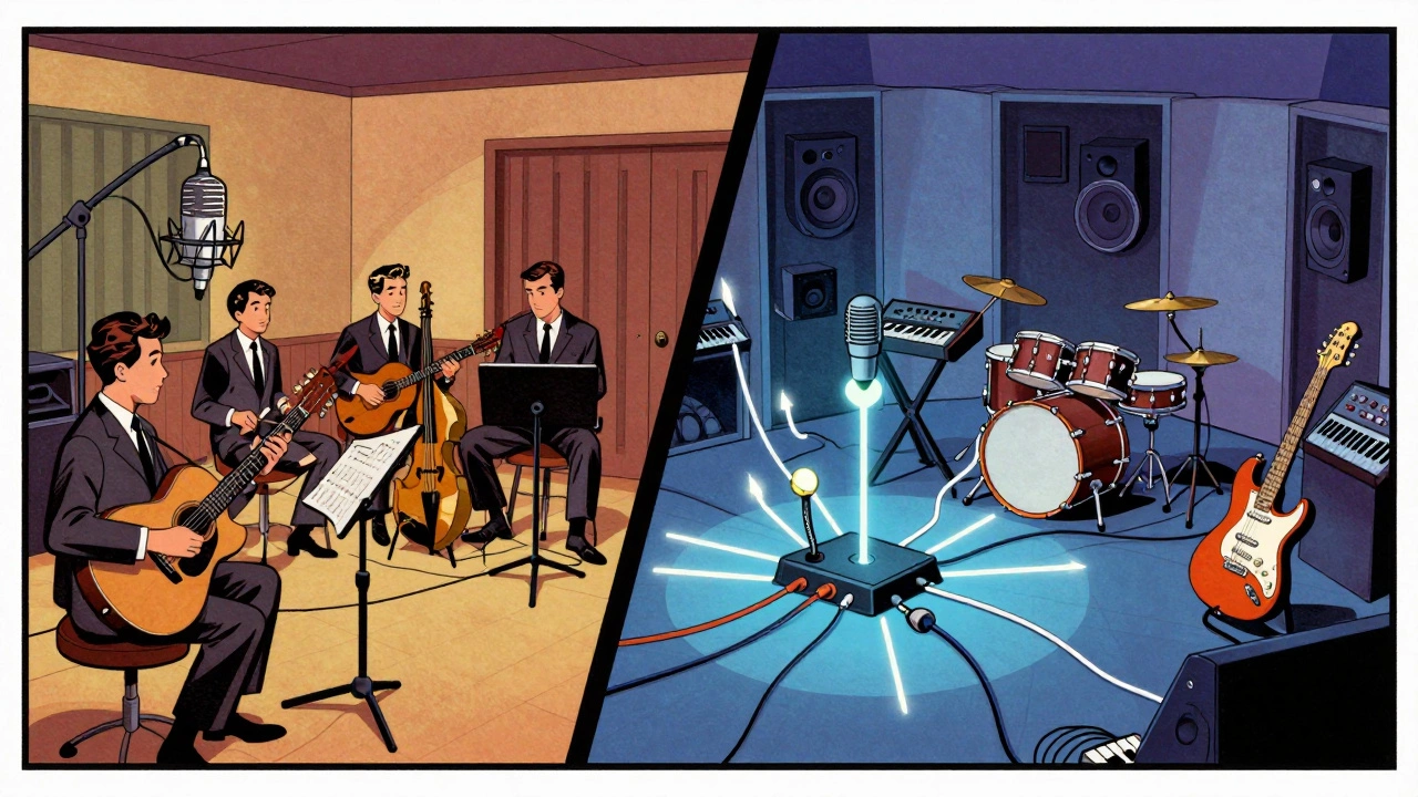 Cartoon comparing acoustic jazz recording with complex fusion setups.