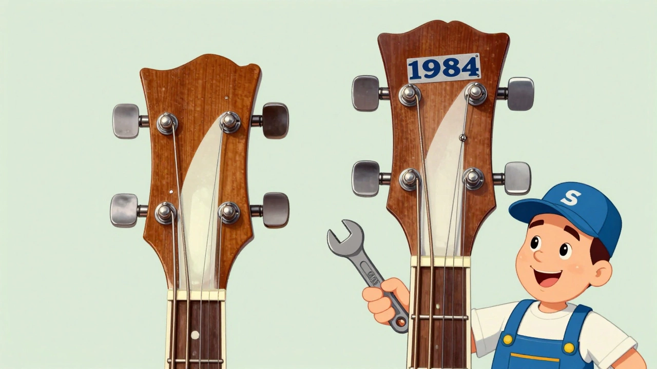 Cartoon comparing slim vs wide Rickenbacker headstocks from different eras.