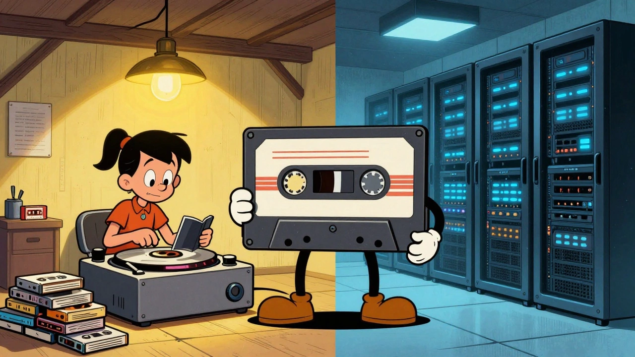 Cartoon contrast between warm garage tape duplication and cold modern server rooms.