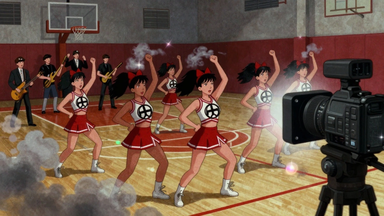 Cartoon depiction of chaotic 90s music video scene in a smoky gym