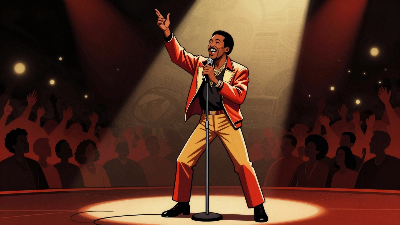 Cartoon depiction of Marvin Gaye performing confidently on stage under a spotlight