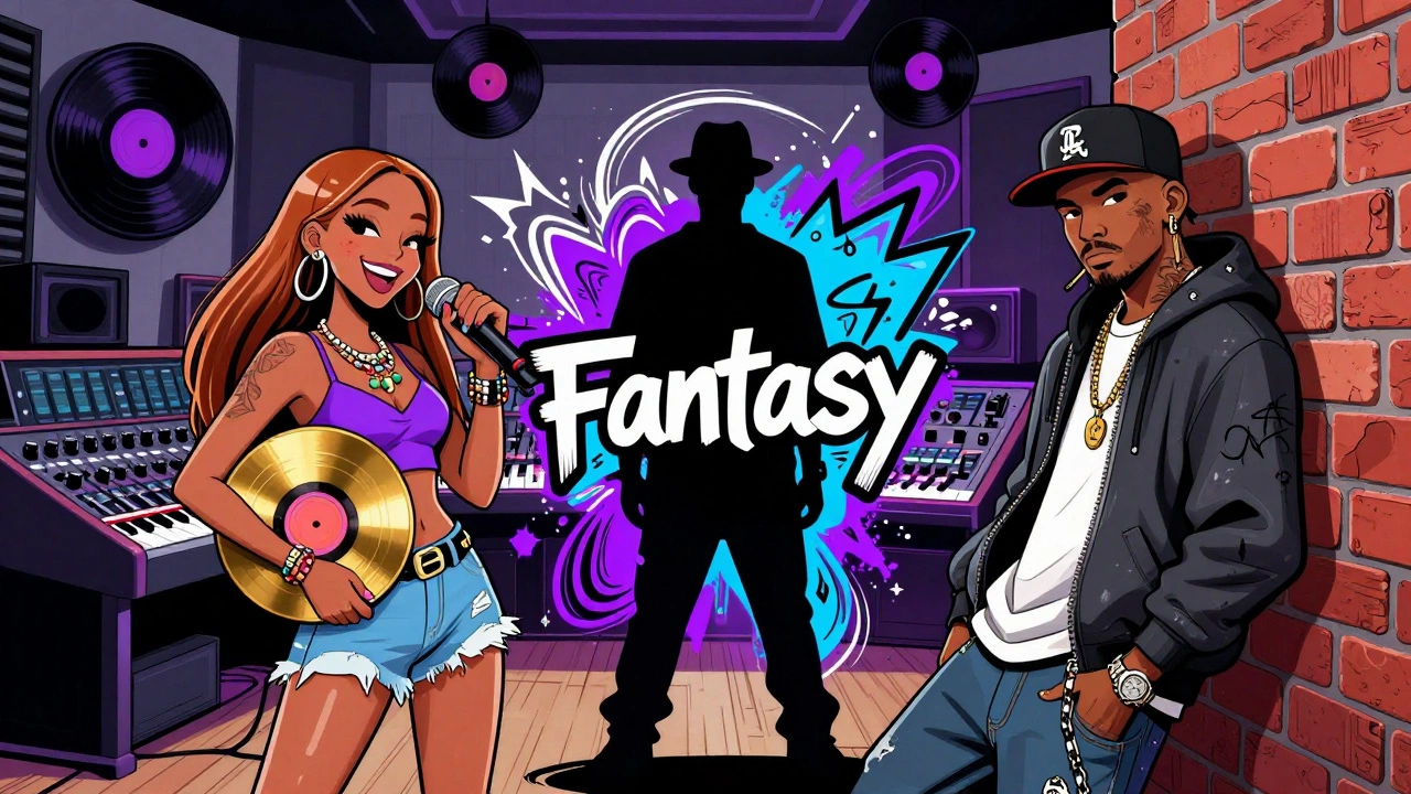 Cartoon illustration blending pop star and rapper for Fantasy remix theme