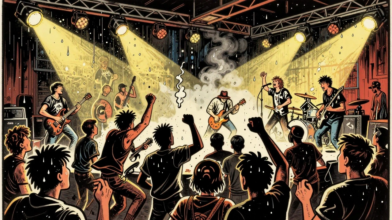 Cartoon illustration of a chaotic Black Flag live punk concert.