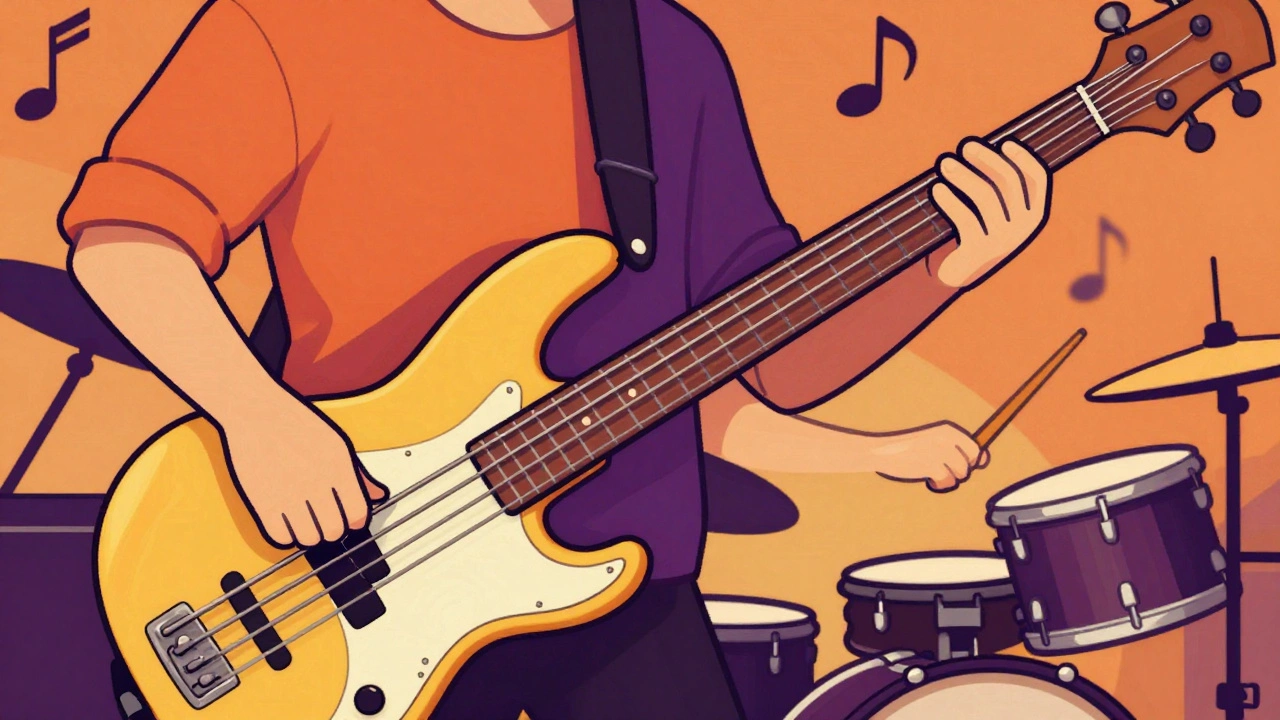 Cartoon illustration of bass and drums creating a simple, steady smooth funk groove.