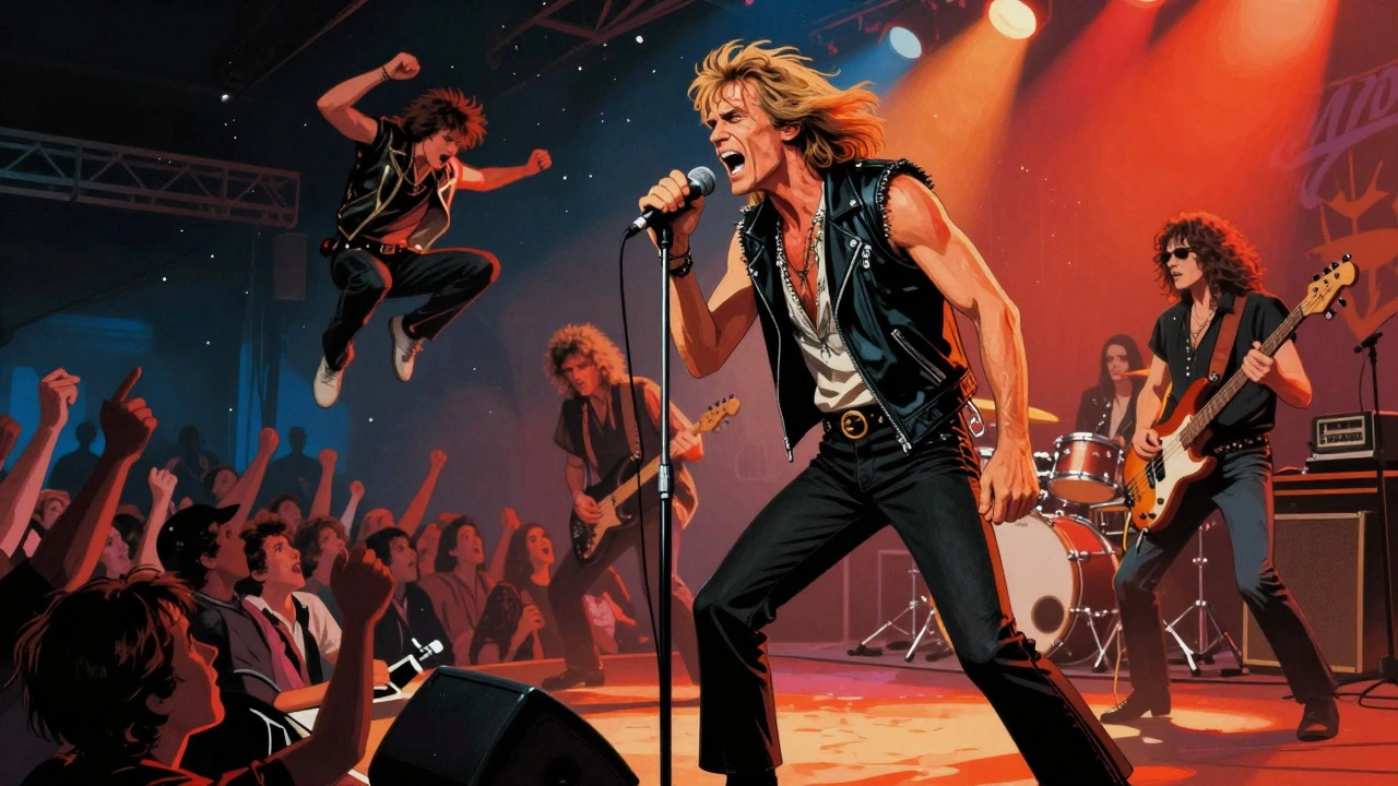 Cartoon illustration of Bon Scott performing energetically on stage